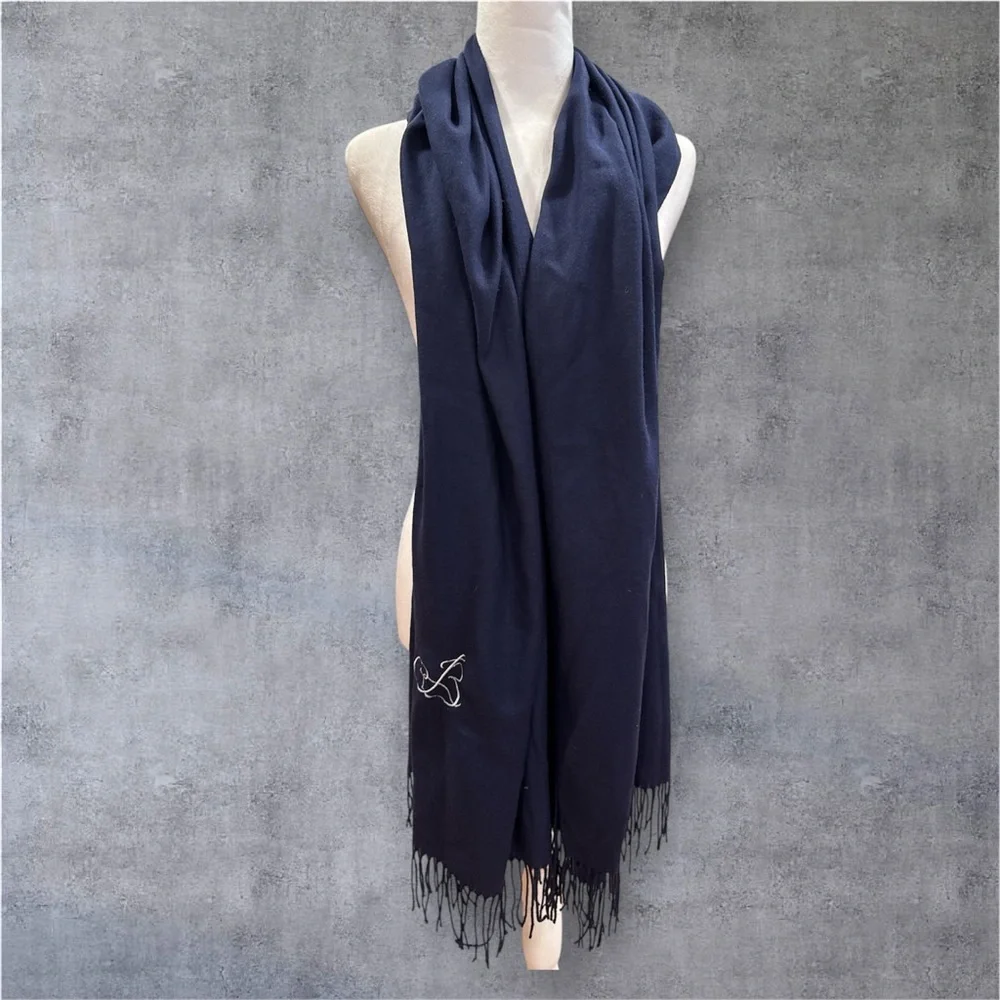 Large Navy Blue Cashmere Wrap embroidered B